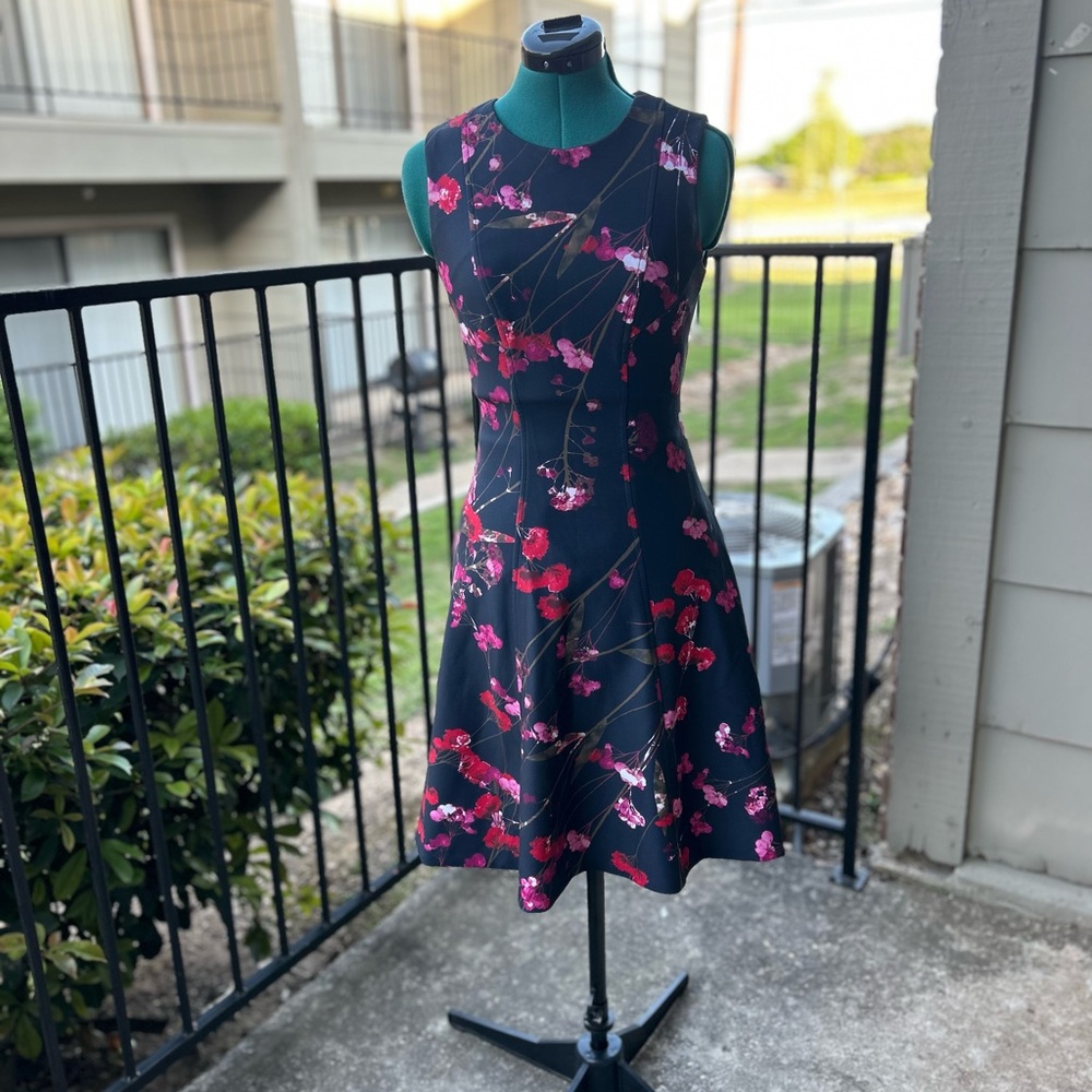 Blue and Pink Fit and Flare Halter Midi Dress for Wedding Guest
